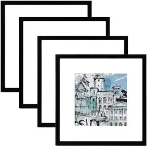 Fixwal 12x12 Picture Frames Set of 4, Display Pictures 8x8 with Mat or 12x12 Without Mat, Engineered Wood Photo Frames Collage for Wall Decor or Tabletop Display, Gallery Wall Frame Set, Black