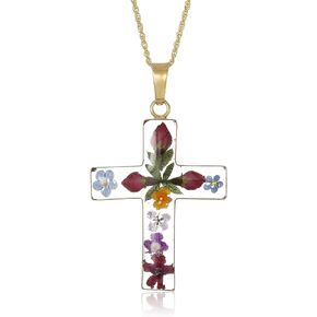 Amazon Essentials 14k Gold Over Sterling Silver Pressed Flower Multi-Colored Cross Pendant Necklace (previously Amazon Collection)