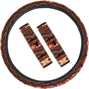 3PCs Fashion Leopard Aztec Print Universal Car Steering Wheel Cover and Seat Belt Shoulder Pads for Most Cars,Truck SUV for Women