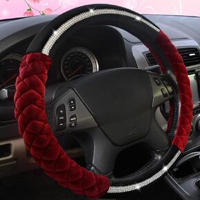 Bling Bling Steering Wheel Cover Universal Luxury Plush Belt Crystal Rhinestone Non-Slip Wheel Protective Cover Women's Girls New 15 inches Wine red