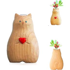 Cat Vase Handmade Wooden Vase, Home Decor Small Vases,Solid Wood Cat Statue Holding Heart Shaped,Modern Creative Cat Decor