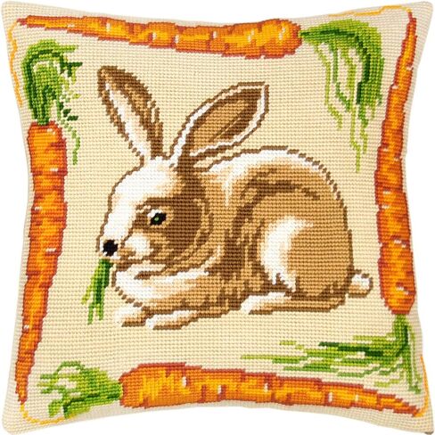 Rabbit with Carrots. Needlepoint Kit. Throw Pillow 16×16 Inches. Printed Tapestry Canvas, European Quality in Saudi Arabia