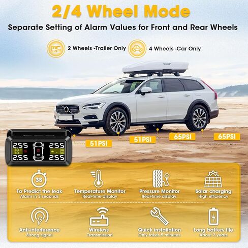 【وضع عجلة 2/4】نظام مراقبة ضغط الإطارات، مستشعر ضغط الإطارات TPMS، جهاز مراقبة ضغط الإطارات بالطاقة الشمسية اللاسلكية مع دعامة منفصلة 6 قيم إنذار لمراقبة الاهتزاز، 3-87 رطل لكل بوصة مربعة لمقطورة سيارات الدفع الرباعي in Kuwait