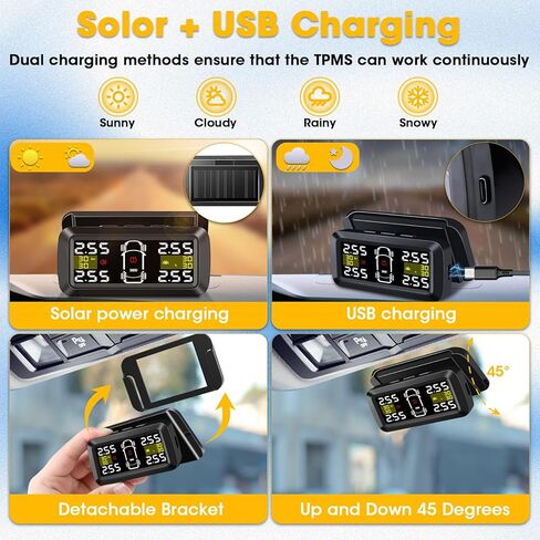 【وضع عجلة 2/4】نظام مراقبة ضغط الإطارات، مستشعر ضغط الإطارات TPMS، جهاز مراقبة ضغط الإطارات بالطاقة الشمسية اللاسلكية مع دعامة منفصلة 6 قيم إنذار لمراقبة الاهتزاز، 3-87 رطل لكل بوصة مربعة لمقطورة سيارات الدفع الرباعي in Kuwait
