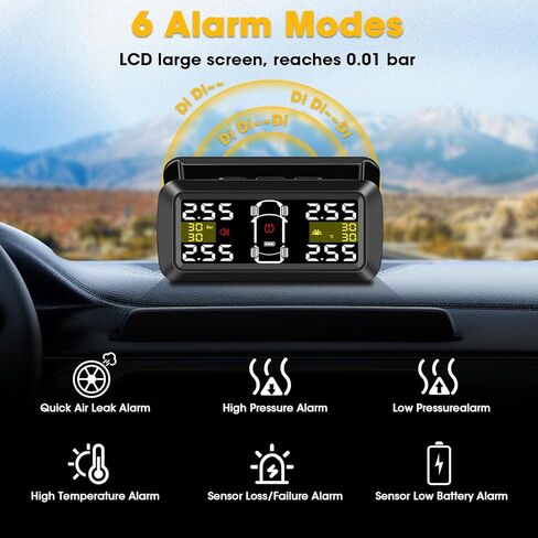 【وضع عجلة 2/4】نظام مراقبة ضغط الإطارات، مستشعر ضغط الإطارات TPMS، جهاز مراقبة ضغط الإطارات بالطاقة الشمسية اللاسلكية مع دعامة منفصلة 6 قيم إنذار لمراقبة الاهتزاز، 3-87 رطل لكل بوصة مربعة لمقطورة سيارات الدفع الرباعي in Kuwait