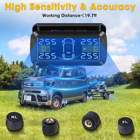 【وضع عجلة 2/4】نظام مراقبة ضغط الإطارات، مستشعر ضغط الإطارات TPMS، جهاز مراقبة ضغط الإطارات بالطاقة الشمسية اللاسلكية مع دعامة منفصلة 6 قيم إنذار لمراقبة الاهتزاز، 3-87 رطل لكل بوصة مربعة لمقطورة سيارات الدفع الرباعي in Kuwait