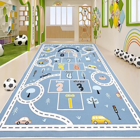 Hopscotch Car Rug 10Ft Extra Large Blue Kids Play Mat Rainbow Classroom Rug for Kids Girls Bedroom Carpet Educational Learning Area Rug Children Rug Preschool Car Road Rug, 6.6x9.8Ft in Saudi Arabia