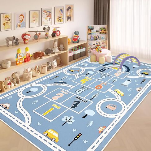 Hopscotch Car Rug 10Ft Extra Large Blue Kids Play Mat Rainbow Classroom Rug for Kids Girls Bedroom Carpet Educational Learning Area Rug Children Rug Preschool Car Road Rug, 6.6x9.8Ft in Saudi Arabia