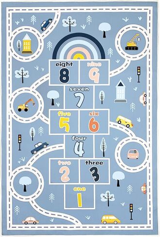 Hopscotch Car Rug 10Ft Extra Large Blue Kids Play Mat Rainbow Classroom Rug for Kids Girls Bedroom Carpet Educational Learning Area Rug Children Rug Preschool Car Road Rug, 6.6x9.8Ft in Saudi Arabia