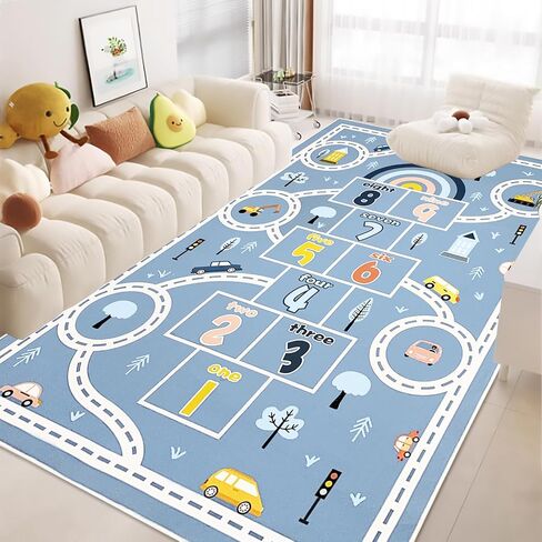 Hopscotch Car Rug 10Ft Extra Large Blue Kids Play Mat Rainbow Classroom Rug for Kids Girls Bedroom Carpet Educational Learning Area Rug Children Rug Preschool Car Road Rug, 6.6x9.8Ft in Saudi Arabia
