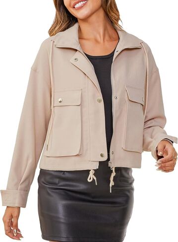 Womens Cropped Cargo Jacket Casual Military Inspired Coat Zip Up Lining Drawstring with Pockets Apricot XL in Saudi Arabia