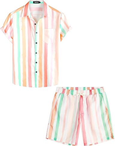VATPAVE Mens Striped 2 Piece Outfits Casual Short Sleeve Button Down Shirts Summer Beach Shorts Set in Kuwait