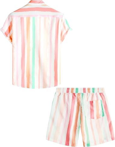 VATPAVE Mens Striped 2 Piece Outfits Casual Short Sleeve Button Down Shirts Summer Beach Shorts Set in Kuwait