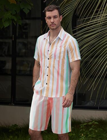 VATPAVE Mens Striped 2 Piece Outfits Casual Short Sleeve Button Down Shirts Summer Beach Shorts Set in Kuwait