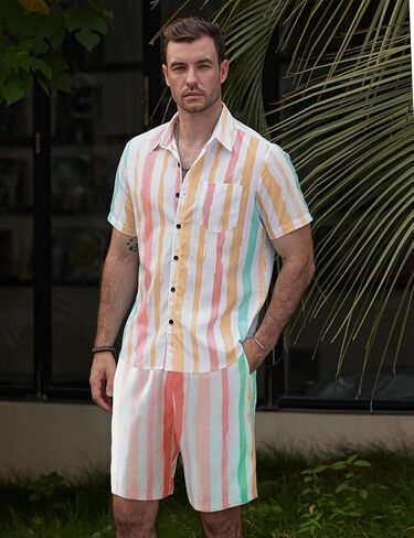 VATPAVE Mens Striped 2 Piece Outfits Casual Short Sleeve Button Down Shirts Summer Beach Shorts Set in Kuwait