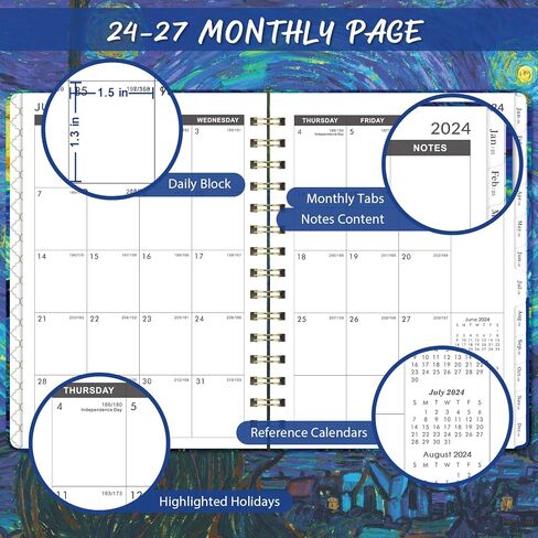 مخطط/تقويم شهري 2024-2027 - يوليو 2024 - يونيو 2027، 6.4 بوصة × 8.5 بوصة، مخطط شهري لمدة 3 سنوات مع علامات تبويب شهرية، جيب داخلي، إغلاق مرن in Kuwait