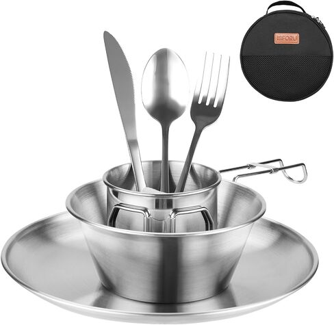 Camping Cutlery Set for 1 People- ISFORU Stainless Steel Tableware Mess Kit Includes Large Plate Cup Bowl Cutlery with Mesh Bag, Dinnerware Utensils Set for Outdoor Camping Hiking and Picnic in Saudi Arabia