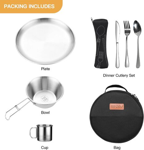 Camping Cutlery Set for 1 People- ISFORU Stainless Steel Tableware Mess Kit Includes Large Plate Cup Bowl Cutlery with Mesh Bag, Dinnerware Utensils Set for Outdoor Camping Hiking and Picnic in Saudi Arabia