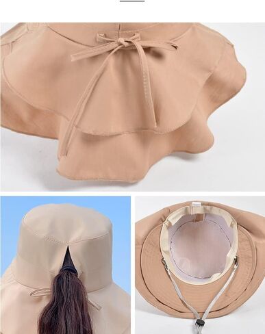 قبعات الشمس النسائية مع فتحة ذيل الحصان بحافة واسعة بعامل حماية من الأشعة فوق البنفسجية 50+ قبعة دلو خارجية مع غطاء للرقبة للمشي لمسافات طويلة وصيد الأسماك والبستنة in Kuwait