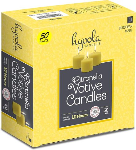 HYOOLA Citronella Votive Candles - 10 Hour Burn Time - 50 Pack, Ideal Bug Repellent Candles, European Made in Saudi Arabia