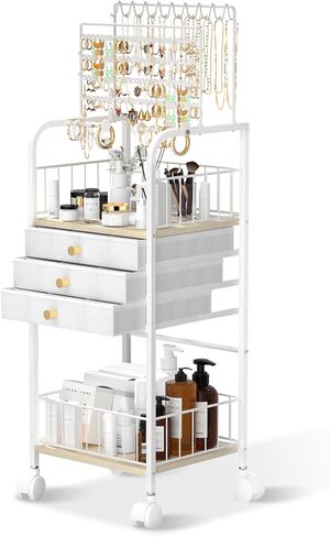 Jewelry Organizer,Large Jewelry Stand with 3 Jewelry Box Drawer, Jewelry Holder Towers Necklace Organizer Earring Storage Jewelry Armoire with Display for Earring Necklace Ring Bracelet (White) in Saudi Arabia