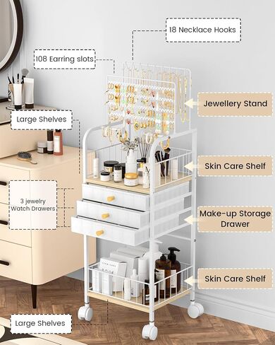 Jewelry Organizer,Large Jewelry Stand with 3 Jewelry Box Drawer, Jewelry Holder Towers Necklace Organizer Earring Storage Jewelry Armoire with Display for Earring Necklace Ring Bracelet (White) in Saudi Arabia
