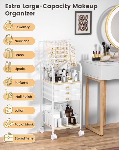 Jewelry Organizer,Large Jewelry Stand with 3 Jewelry Box Drawer, Jewelry Holder Towers Necklace Organizer Earring Storage Jewelry Armoire with Display for Earring Necklace Ring Bracelet (White) in Saudi Arabia