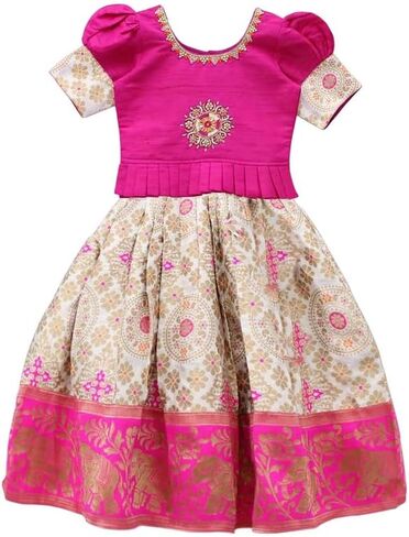 Kids, Cream Art Silk Jecquard South Indian Style Pavdai Pattu Lehenga Choli for Kids, From 12 Months - 8 Years in Saudi Arabia