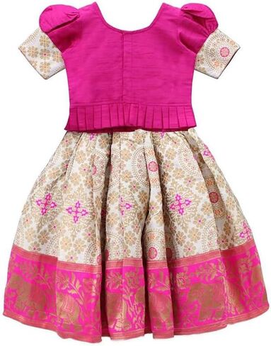 Kids, Cream Art Silk Jecquard South Indian Style Pavdai Pattu Lehenga Choli for Kids, From 12 Months - 8 Years in Saudi Arabia