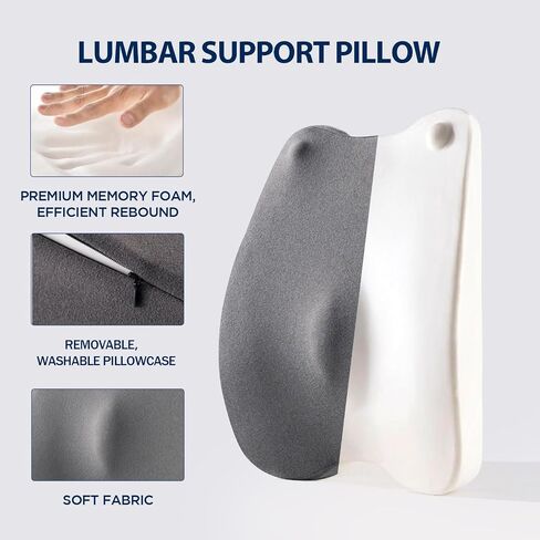 Lumbar Support Pillow for Office Chair – Premium Memory Foam Back Cushion, Back Support Pillow for Car Seats, Lower Back Pain Relief, Improves Posture, 3 Adjustable Straps in Saudi Arabia
