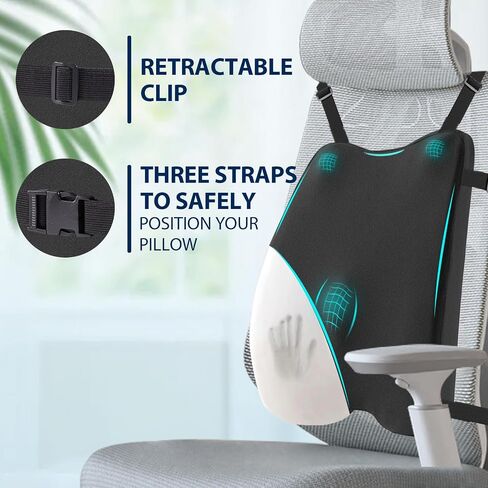Lumbar Support Pillow for Office Chair – Premium Memory Foam Back Cushion, Back Support Pillow for Car Seats, Lower Back Pain Relief, Improves Posture, 3 Adjustable Straps in Saudi Arabia