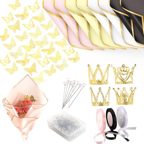 195 قطعة من لوازم إكسسوارات باقة الزهور، 40 ورق تغليف زهور، 48 فراشة 100 دبوس 4 تيجان 3 أشرطة، ورق تغليف زهور، بابيل كوريانو بارا راموس دي فلوريس بوشونس، ليستون كوروناس ماريبوساس in Kuwait