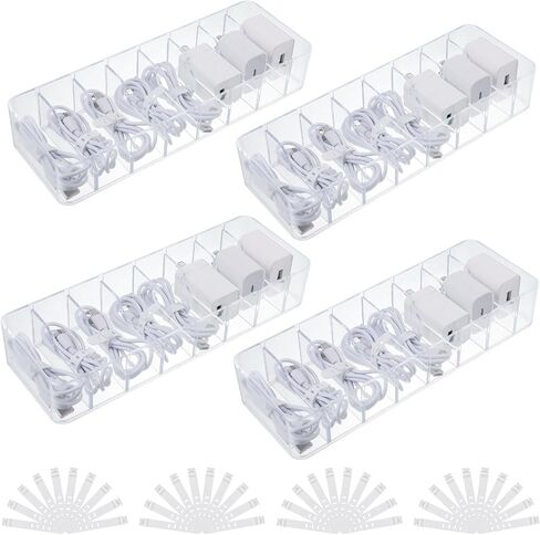 4 Pcs Clear Charger Cord Organizer Boxs,Plastic Cable Storage Box with 40 Wire Ties,Power Cord Organizer with 8 Compartments,Electronics Organizer with Lid for Home Office Accessories Storage in Saudi Arabia