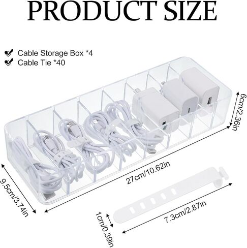 4 Pcs Clear Charger Cord Organizer Boxs,Plastic Cable Storage Box with 40 Wire Ties,Power Cord Organizer with 8 Compartments,Electronics Organizer with Lid for Home Office Accessories Storage in Saudi Arabia