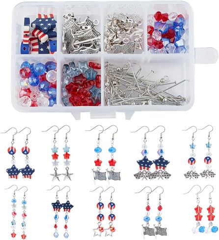 SUNNYCLUE 1 صندوق DIY 10 أزواج سحر العلم الأمريكي الولايات المتحدة الأمريكية الوطنية الأحمر الأزرق الخرز المتدلي الأقراط صنع عدة 4 يوليو سحر يوم الاستقلال لصنع المجوهرات مجموعات المبتدئين تعليمات المشاريع الحرفية in Kuwait