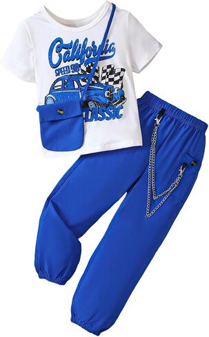 Floerns Girl's 3 Piece Outfit Car Print Short Sleeve Tee Shirt Pants Set with Bag in Saudi Arabia