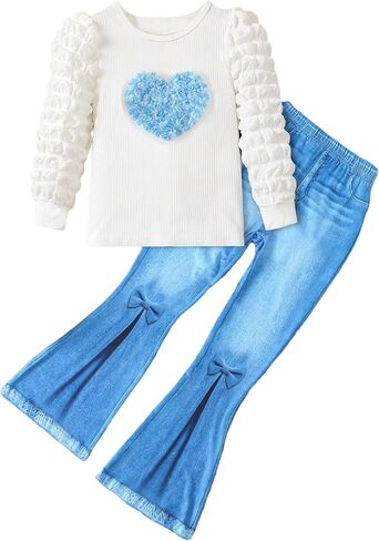 Floerns Girl's 2 Piece Outfit Puff Long Sleeve Tee Flare Leg Denim Pants Set in Saudi Arabia