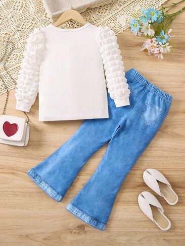 Floerns Girl's 2 Piece Outfit Puff Long Sleeve Tee Flare Leg Denim Pants Set in Saudi Arabia