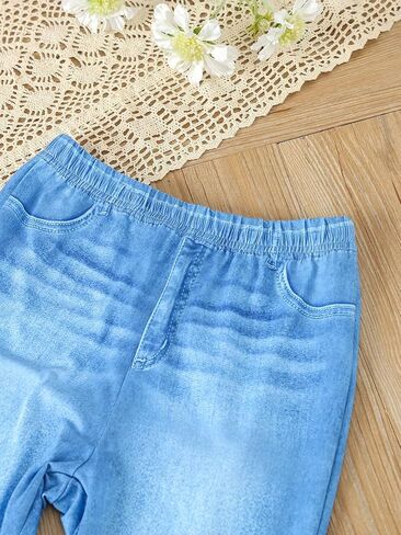 Floerns Girl's 2 Piece Outfit Puff Long Sleeve Tee Flare Leg Denim Pants Set in Saudi Arabia
