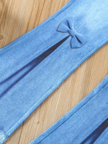 Floerns Girl's 2 Piece Outfit Puff Long Sleeve Tee Flare Leg Denim Pants Set in Saudi Arabia