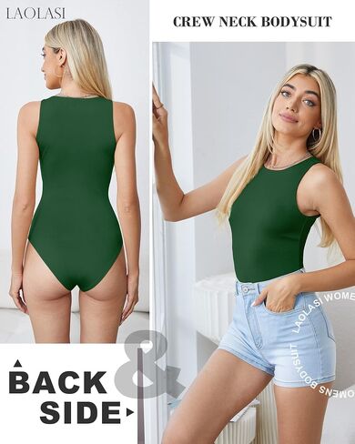 LAOLASI Women's Crew Neck Bodysuit Sleeveless Racer Back Slim Fit Double Lined Casual Halter Neck Body suit Shirts Tank Tops in Saudi Arabia