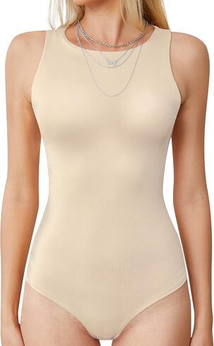 LAOLASI Women's Crew Neck Bodysuit Sleeveless Racer Back Slim Fit Double Lined Casual Halter Neck Body suit Shirts Tank Tops in Saudi Arabia