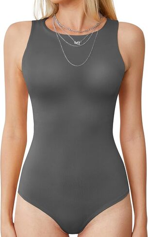 LAOLASI Women's Crew Neck Bodysuit Sleeveless Racer Back Slim Fit Double Lined Casual Halter Neck Body suit Shirts Tank Tops in Saudi Arabia