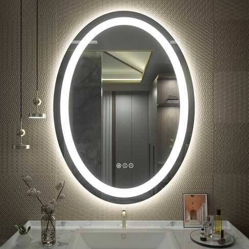 مرآة حمام LED بيضاوية مقاس 24 × 32، مرآة زينة مضاءة للجدار، مضادة للضباب، مقاومة للكسر، قابلة للتعتيم، ذاكرة، 3 ألوان (أضواء أمامية + إضاءة خلفية) in Saudi Arabia