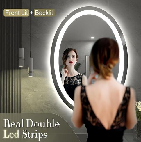 مرآة حمام LED بيضاوية مقاس 24 × 32، مرآة زينة مضاءة للجدار، مضادة للضباب، مقاومة للكسر، قابلة للتعتيم، ذاكرة، 3 ألوان (أضواء أمامية + إضاءة خلفية) in Saudi Arabia