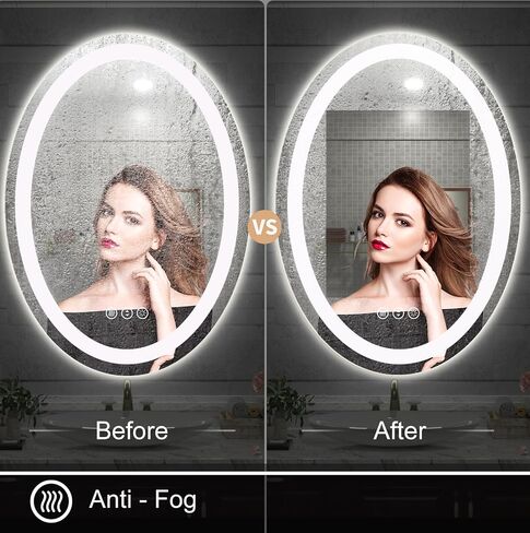 مرآة حمام LED بيضاوية مقاس 24 × 32، مرآة زينة مضاءة للجدار، مضادة للضباب، مقاومة للكسر، قابلة للتعتيم، ذاكرة، 3 ألوان (أضواء أمامية + إضاءة خلفية) in Saudi Arabia