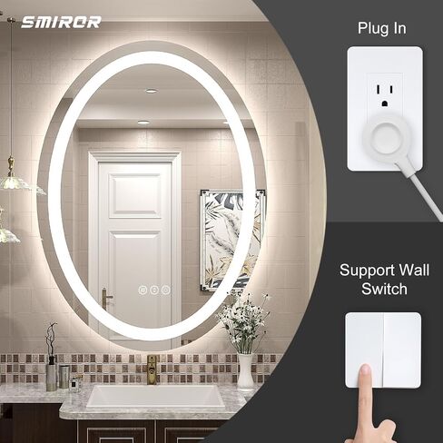 مرآة حمام LED بيضاوية مقاس 24 × 32، مرآة زينة مضاءة للجدار، مضادة للضباب، مقاومة للكسر، قابلة للتعتيم، ذاكرة، 3 ألوان (أضواء أمامية + إضاءة خلفية) in Saudi Arabia