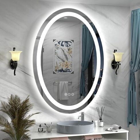 مرآة حمام LED بيضاوية مقاس 24 × 32، مرآة زينة مضاءة للجدار، مضادة للضباب، مقاومة للكسر، قابلة للتعتيم، ذاكرة، 3 ألوان (أضواء أمامية + إضاءة خلفية) in Saudi Arabia