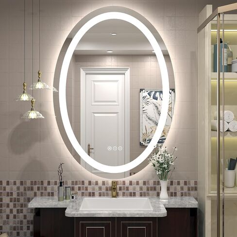 مرآة حمام LED بيضاوية مقاس 24 × 32، مرآة زينة مضاءة للجدار، مضادة للضباب، مقاومة للكسر، قابلة للتعتيم، ذاكرة، 3 ألوان (أضواء أمامية + إضاءة خلفية) in Saudi Arabia