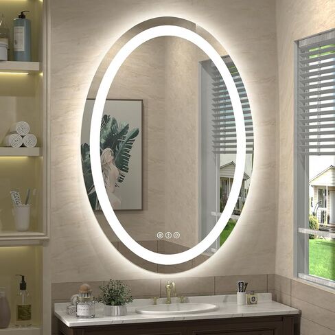 مرآة حمام LED بيضاوية مقاس 24 × 32، مرآة زينة مضاءة للجدار، مضادة للضباب، مقاومة للكسر، قابلة للتعتيم، ذاكرة، 3 ألوان (أضواء أمامية + إضاءة خلفية) in Saudi Arabia
